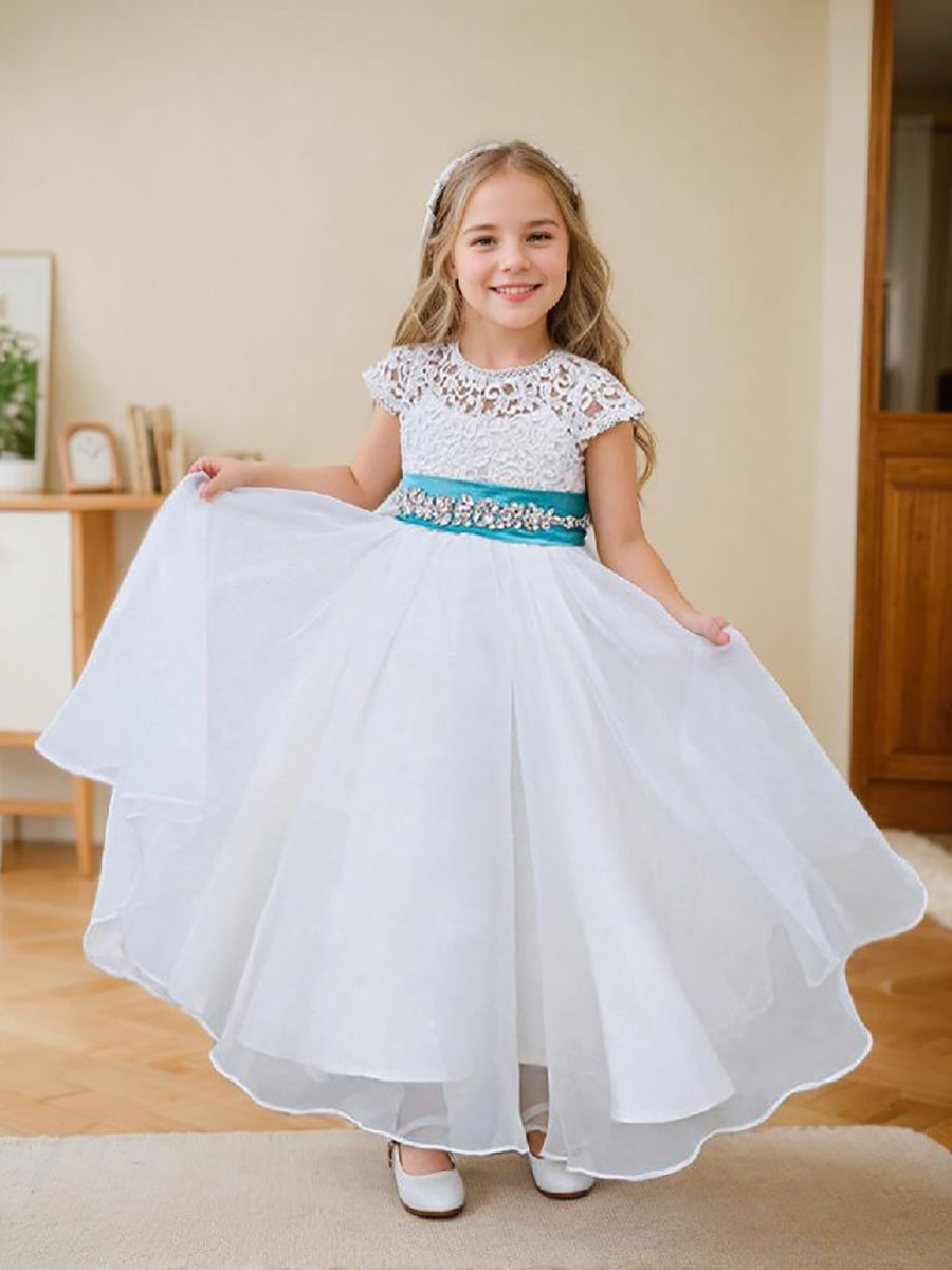 Robe de Demoiselle D'Honneur en Dentelle et Organza Ivoire Longueur Cheville Coupe A