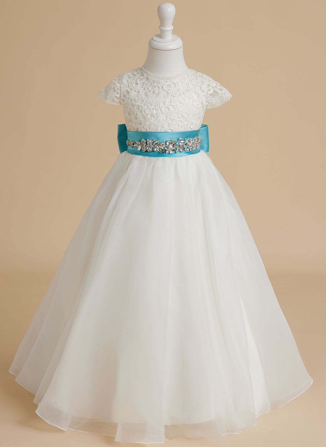 Robe de Demoiselle D'Honneur en Dentelle et Organza Ivoire Longueur Cheville Coupe A