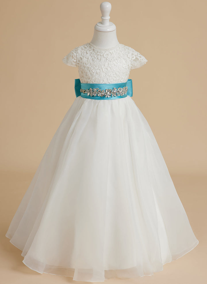 Robe de Demoiselle D'Honneur en Dentelle et Organza Ivoire Longueur Cheville Coupe A