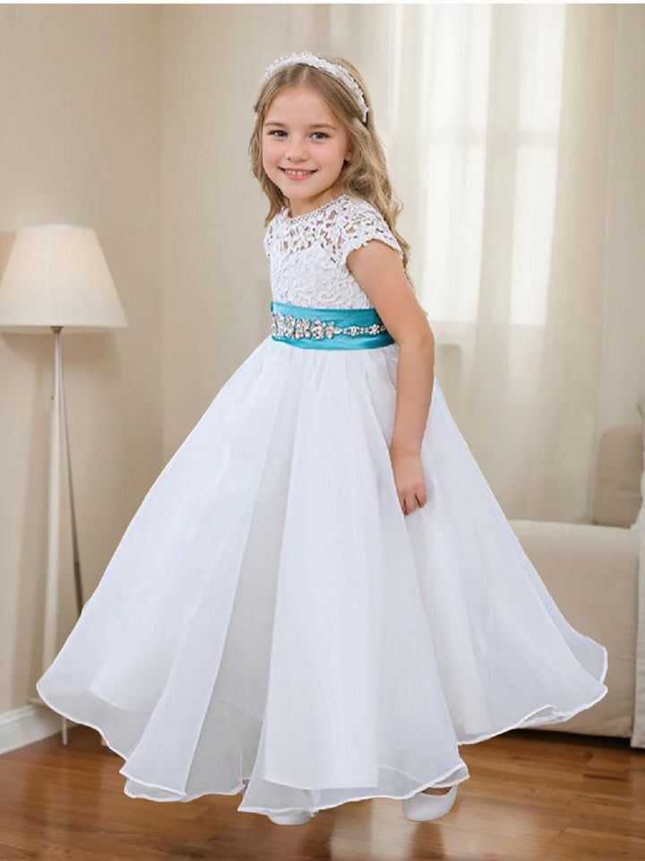 Robe de Demoiselle D'Honneur en Dentelle et Organza Ivoire Longueur Cheville Coupe A