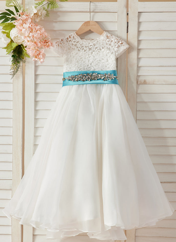 Robe de Demoiselle D'Honneur en Dentelle et Organza Ivoire Longueur Cheville Coupe A