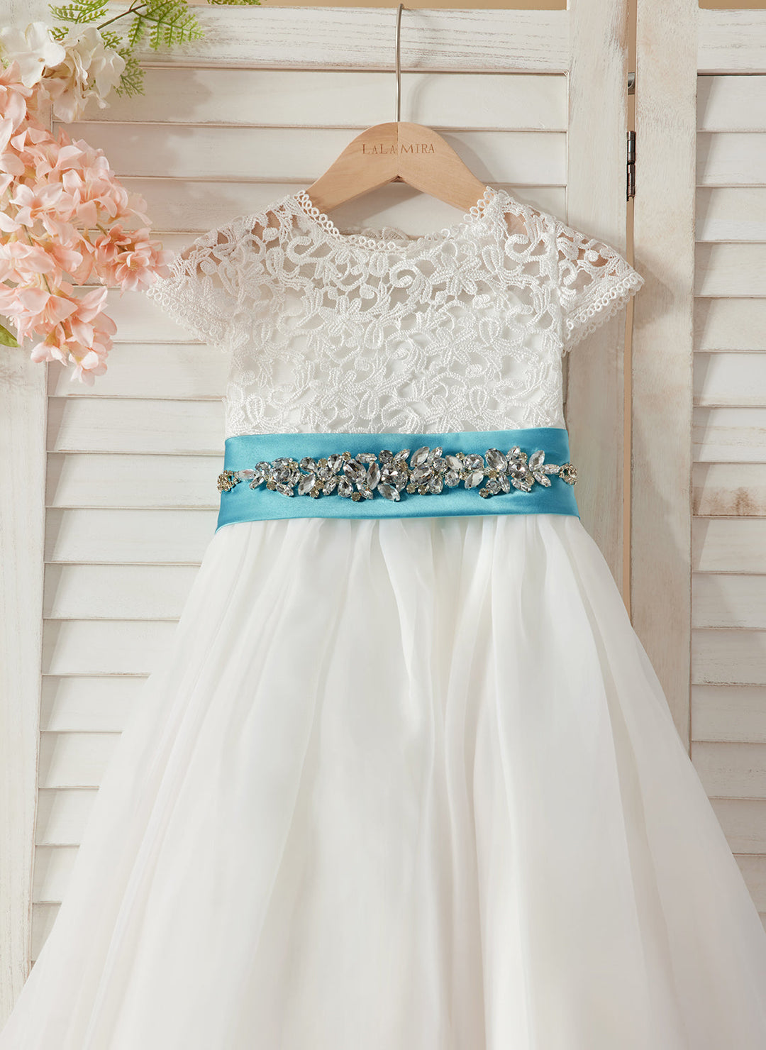 Robe de Demoiselle D'Honneur en Dentelle et Organza Ivoire Longueur Cheville Coupe A