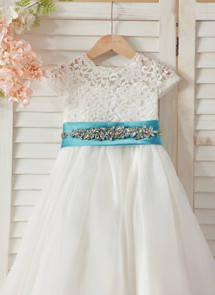 Robe de Demoiselle D'Honneur en Dentelle et Organza Ivoire Longueur Cheville Coupe A