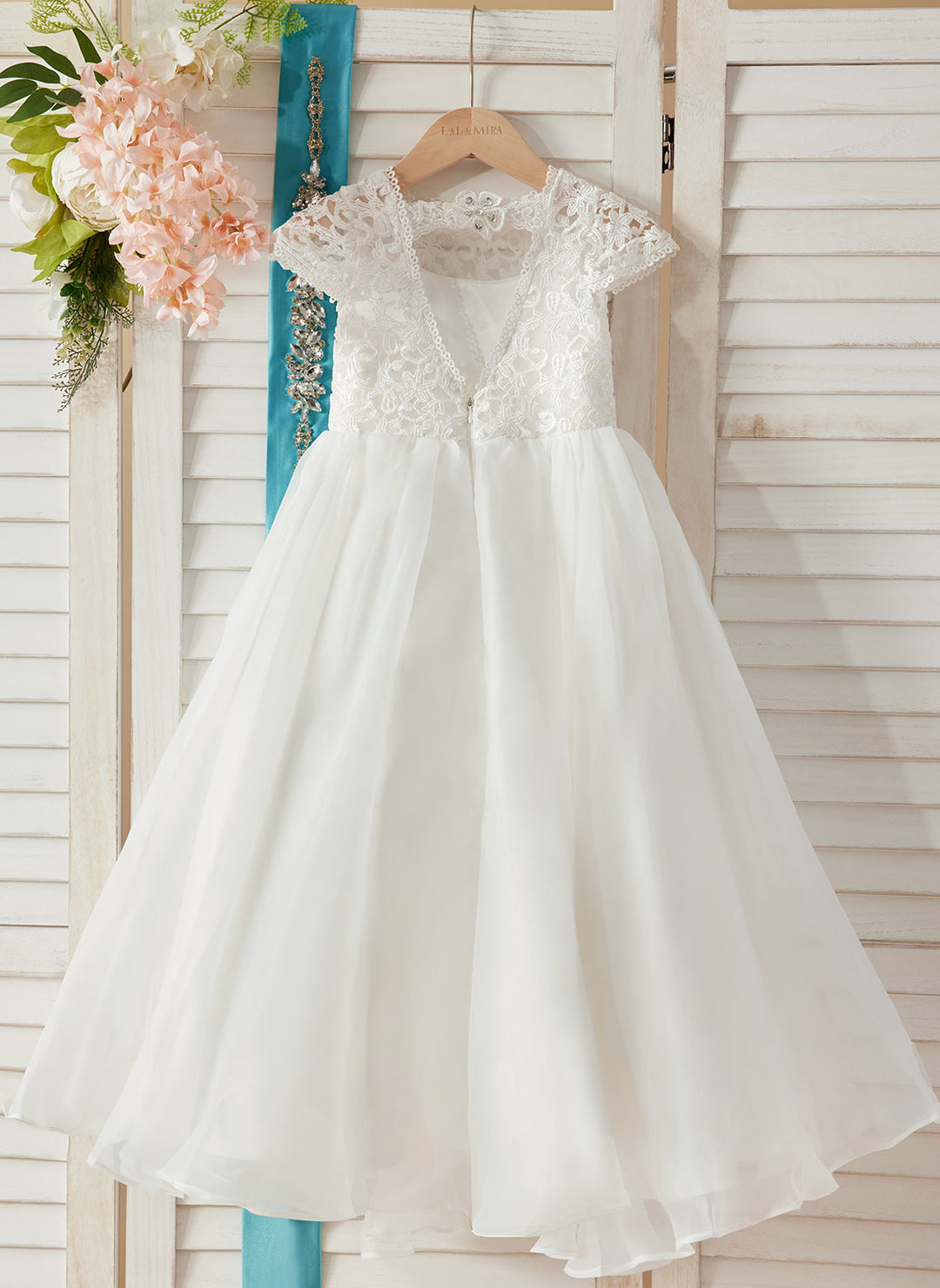 Robe de Demoiselle D'Honneur en Dentelle et Organza Ivoire Longueur Cheville Coupe A
