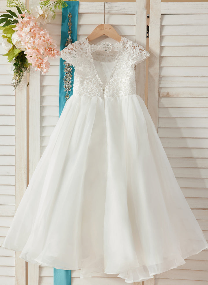 Robe de Demoiselle D'Honneur en Dentelle et Organza Ivoire Longueur Cheville Coupe A