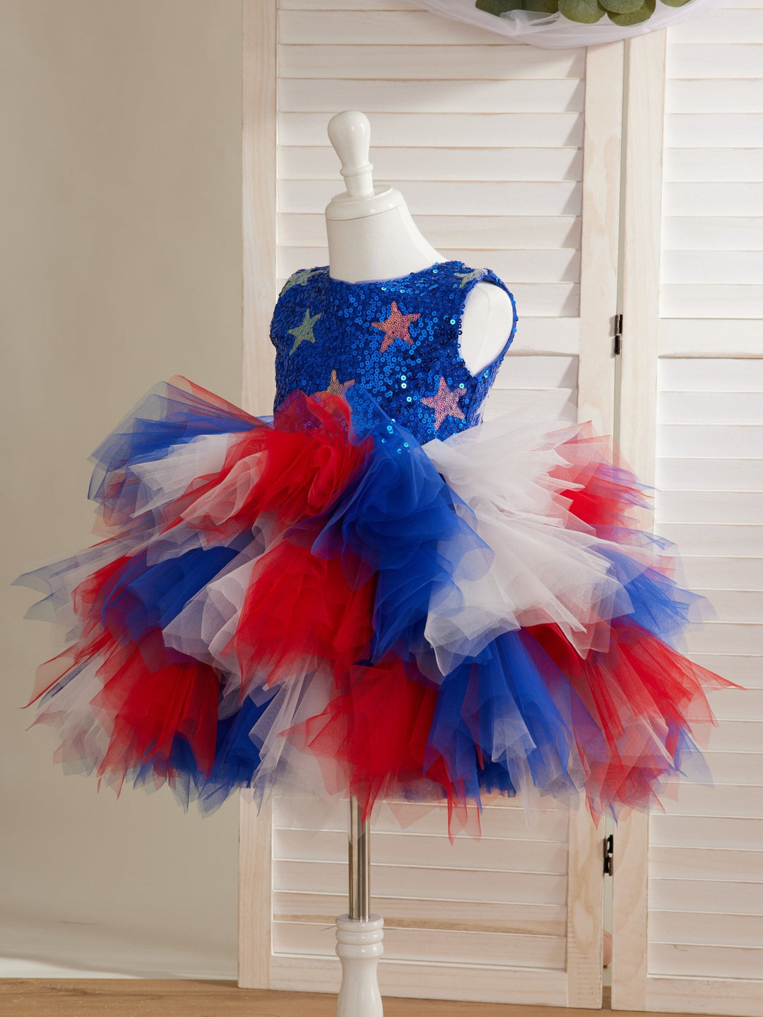 Robe Bleue Mi-Longue en Tulle à Paillettes et Étoiles pour Fille