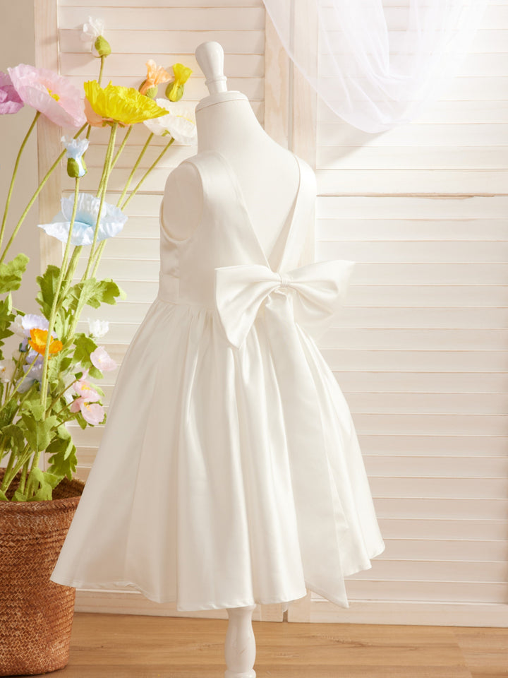 Robe de Demoiselle D'Honneur Élégante en Satin Coupe A avec Dos en V et Nœud Au Genou