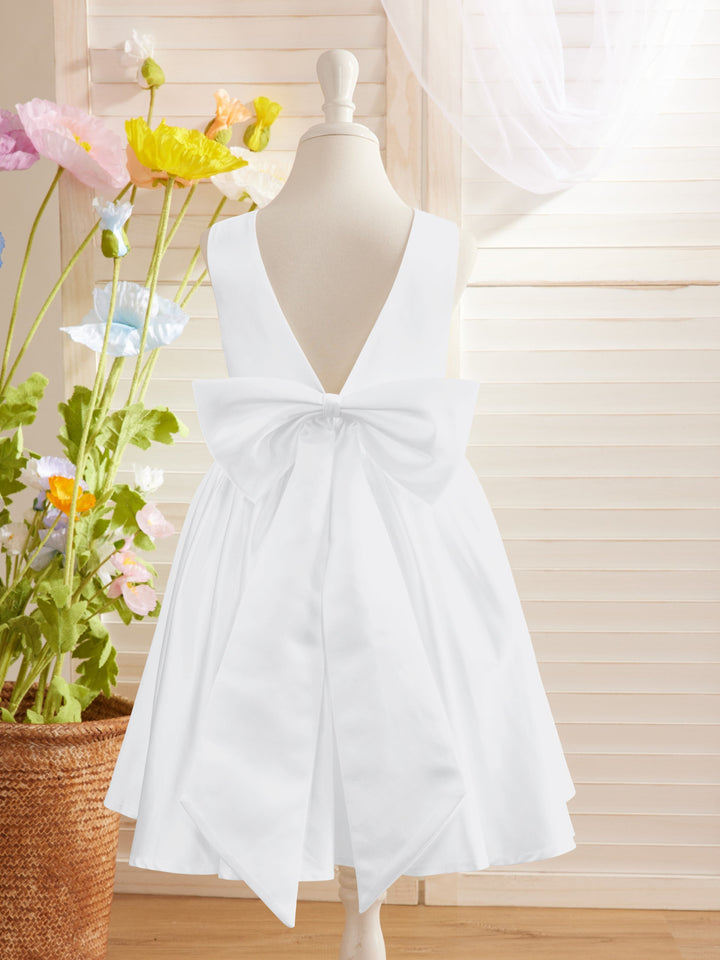 Robe de Demoiselle D'Honneur Élégante en Satin Coupe A avec Dos en V et Nœud Au Genou