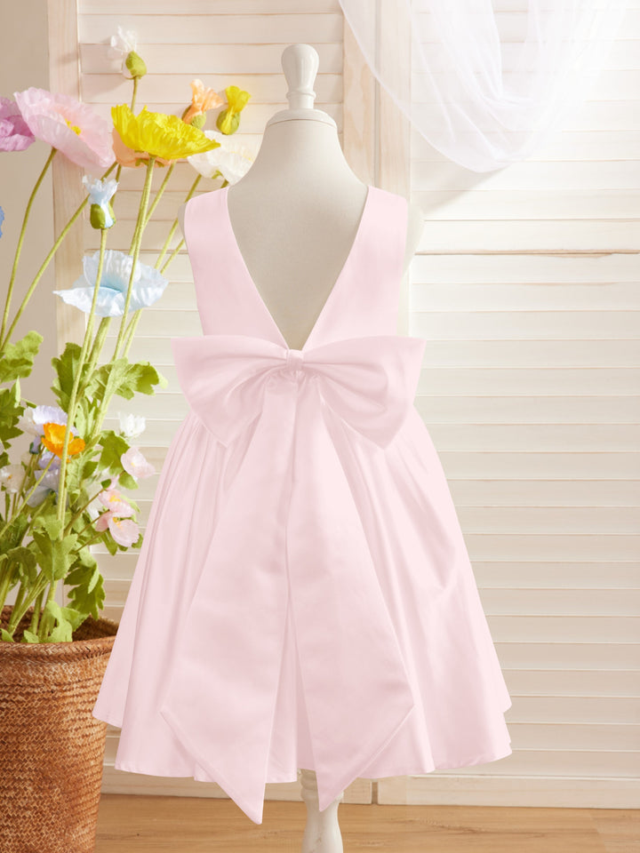 Robe de Demoiselle D'Honneur Élégante en Satin Coupe A avec Dos en V et Nœud Au Genou