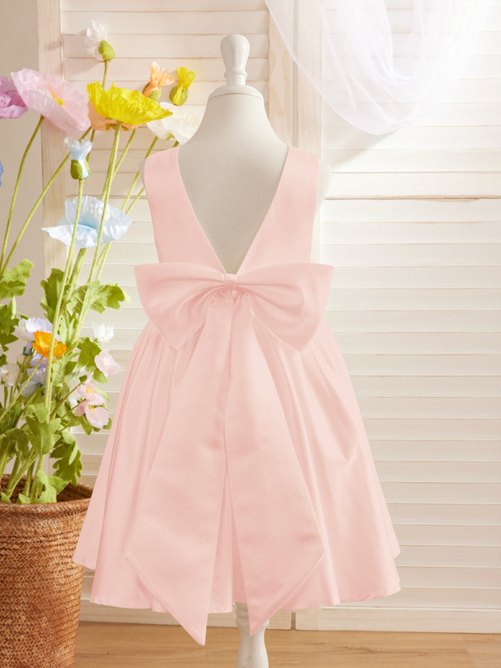 Robe de Demoiselle D'Honneur Élégante en Satin Coupe A avec Dos en V et Nœud Au Genou