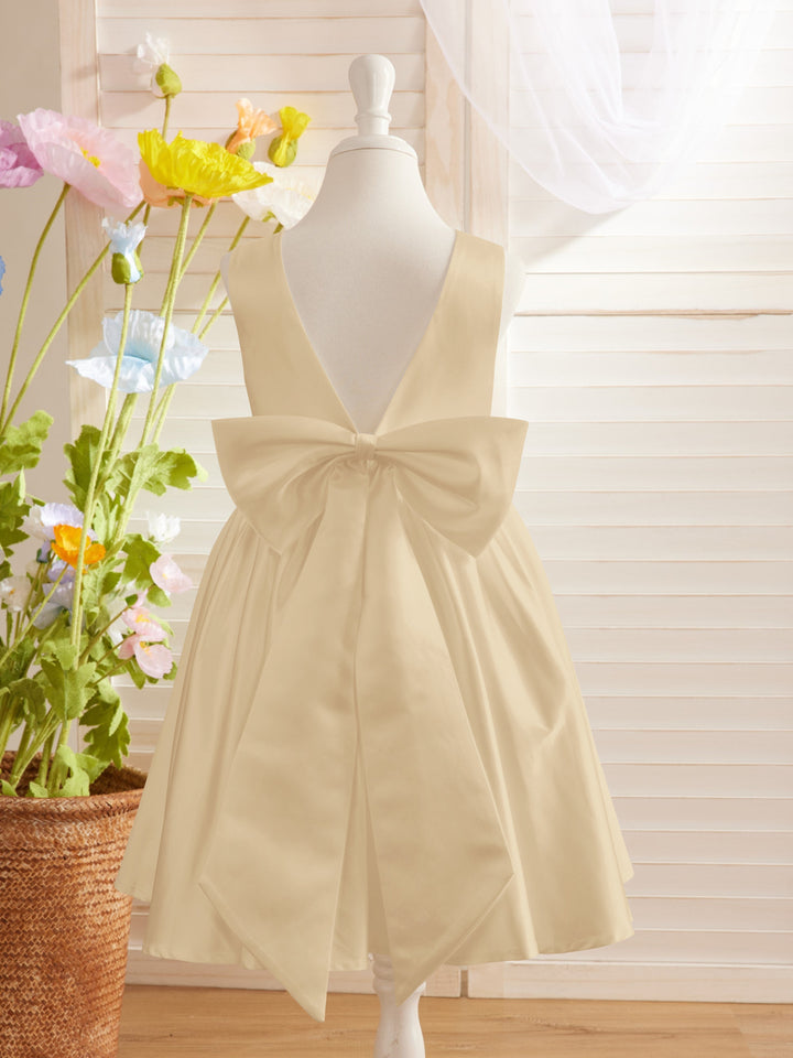 Robe de Demoiselle D'Honneur Élégante en Satin Coupe A avec Dos en V et Nœud Au Genou