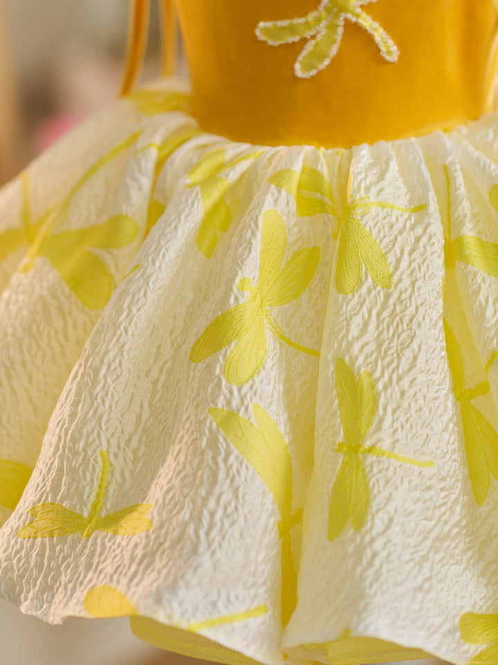 Robe de Fête D'Anniversaire pour Tout-Petits en Tulle et Velours Doré, Longueur Genou