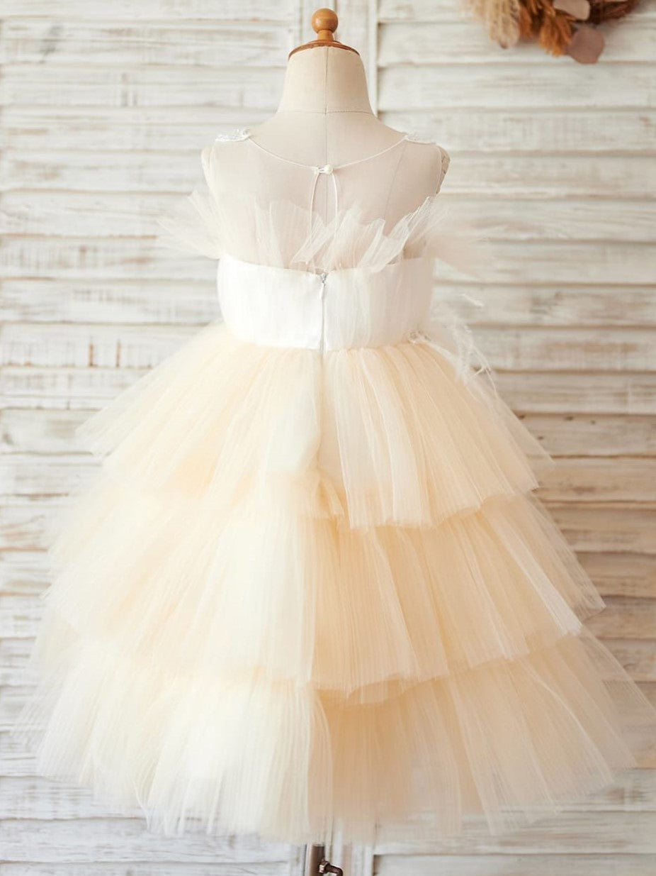 Robe de Demoiselle D'Honneur en Tulle Satiné Longueur Genou Couleur Champagne