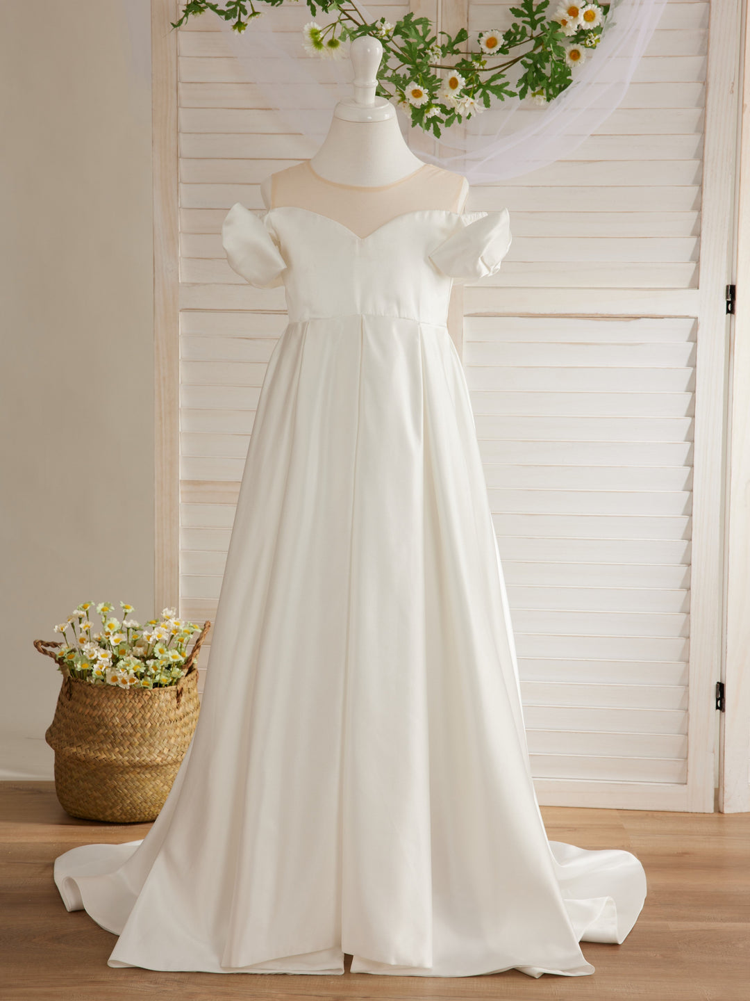 Robe de Demoiselle D'Honneur en Satin Ivoire à Traîne Longue