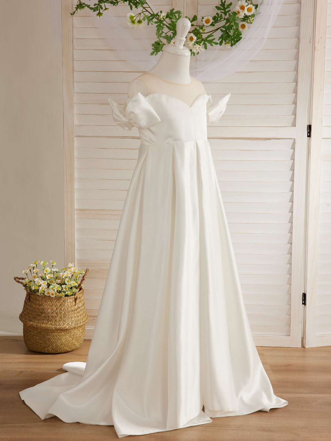 Robe de Demoiselle D'Honneur en Satin Ivoire à Traîne Longue