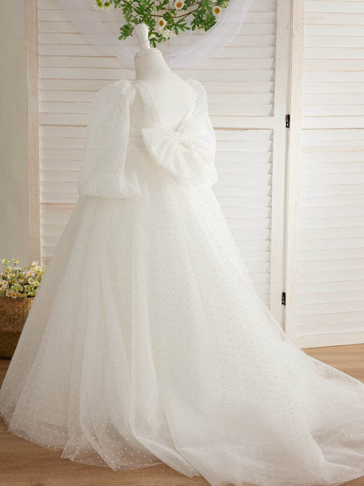 Robe de Demoiselle D'Honneur Élégante à Pois en Tulle à Manches Bouffantes et Traîne à Balayage pour Première Communion