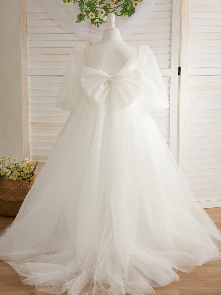 Robe de Demoiselle D'Honneur Élégante à Pois en Tulle à Manches Bouffantes et Traîne à Balayage pour Première Communion