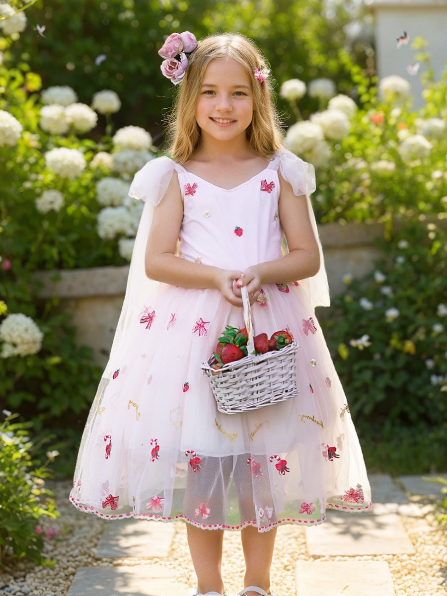 Robe de Demoiselle D'Honneur en Tulle Longueur Genou avec Broderie de Fraises