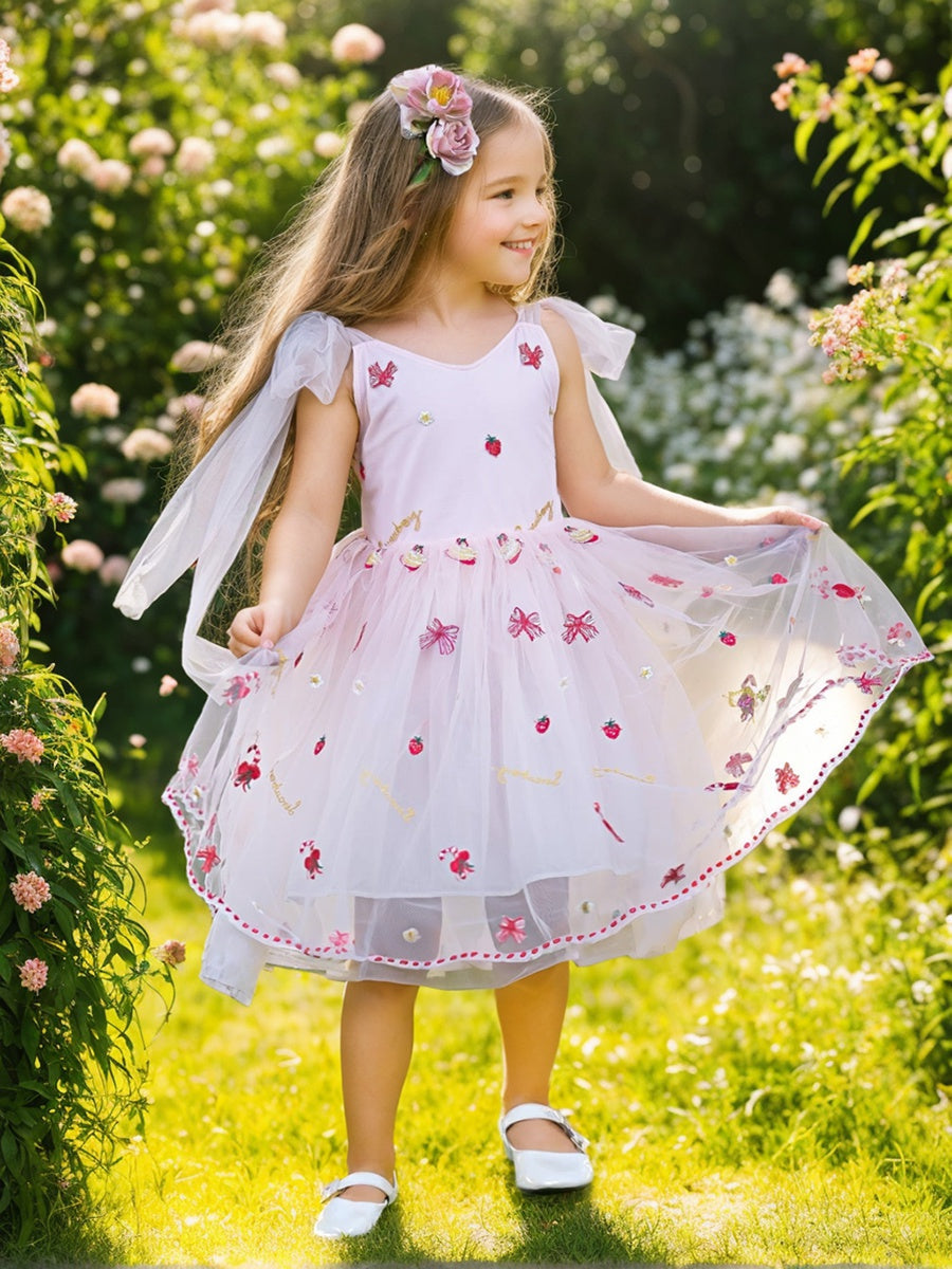 Robe de Demoiselle D'Honneur en Tulle Longueur Genou avec Broderie de Fraises