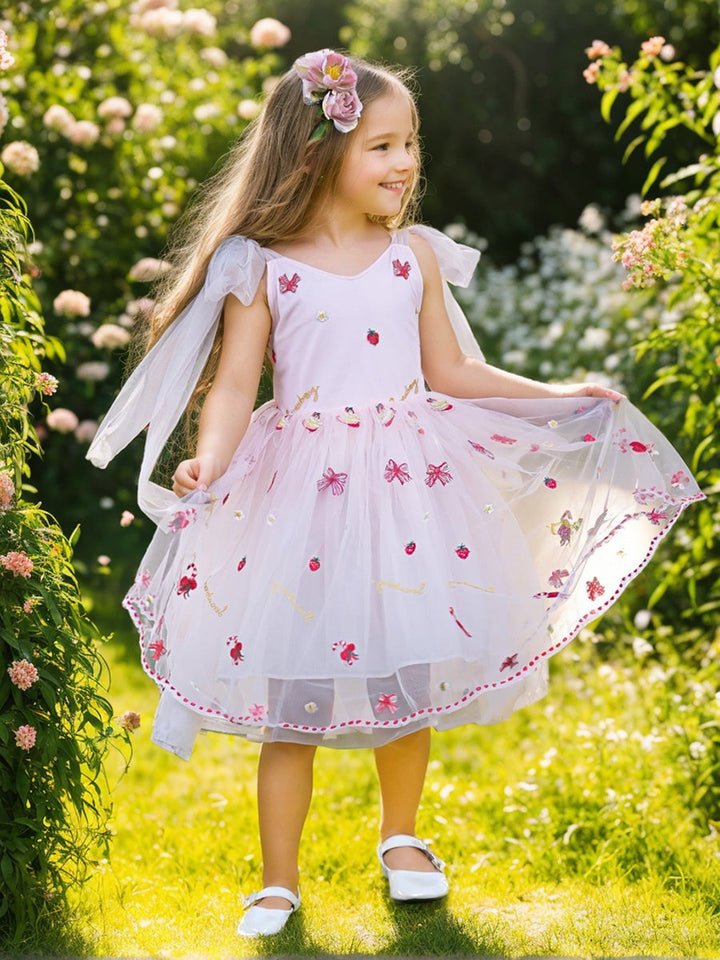 Robe de Demoiselle D'Honneur en Tulle Longueur Genou avec Broderie de Fraises