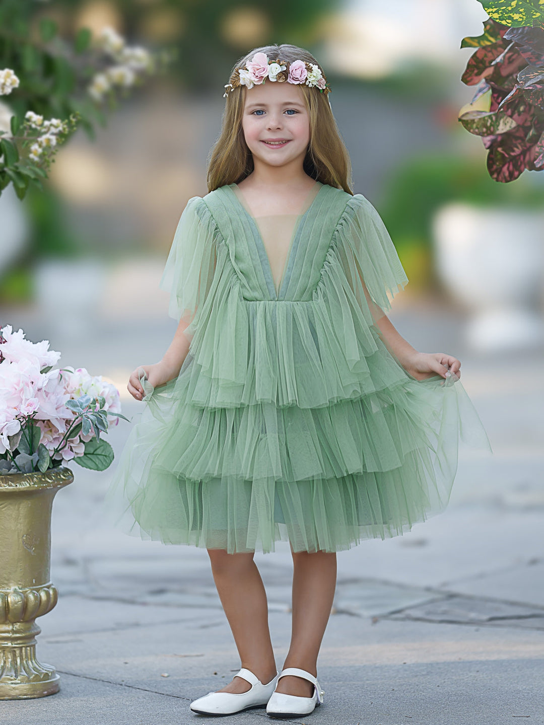 Robe de Demoiselle D'Honneur Élégante en Tulle pour Petite Fille avec Motif Féerique Du Jardin Enchanté