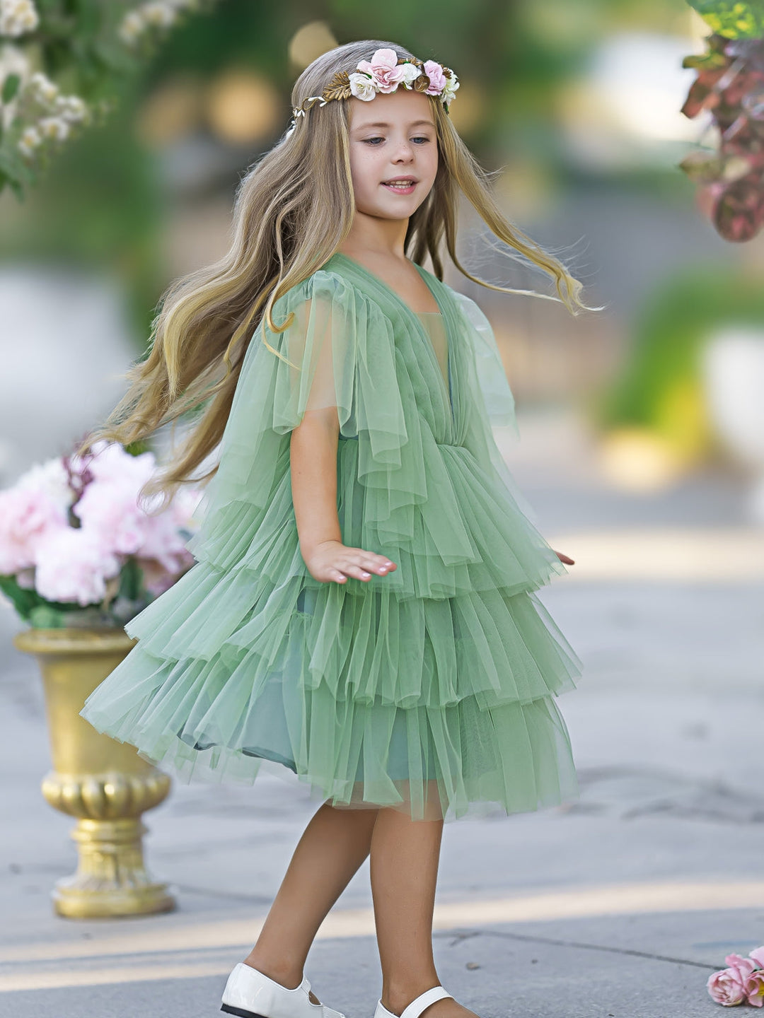 Robe de Demoiselle D'Honneur Élégante en Tulle pour Petite Fille avec Motif Féerique Du Jardin Enchanté