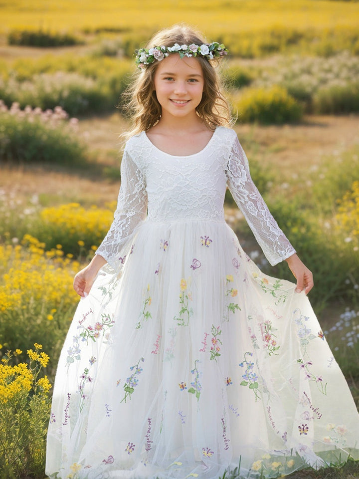 Robe de Demoiselle D'Honneur de Jardin en Tulle Brodé en Dentelle Florale Coupe A Pleine Longueur