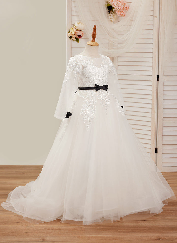 Robe de Demoiselle D'Honneur de Première Communion en Tulle Ivoire Coupe A avec Traîne