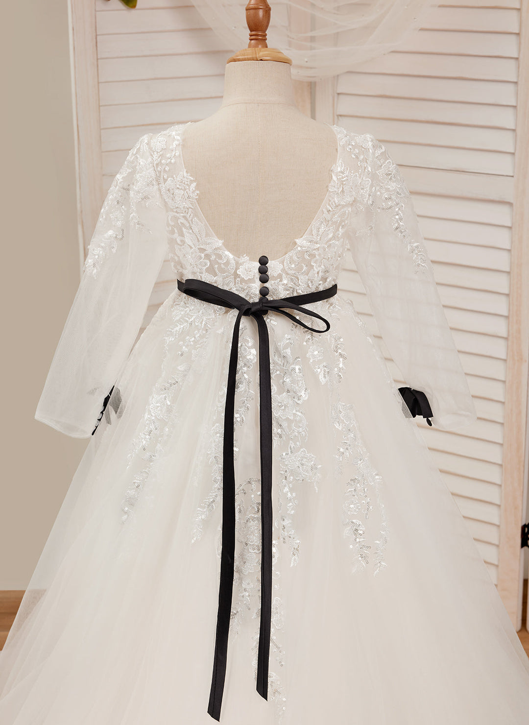 Robe de Demoiselle D'Honneur de Première Communion en Tulle Ivoire Coupe A avec Traîne