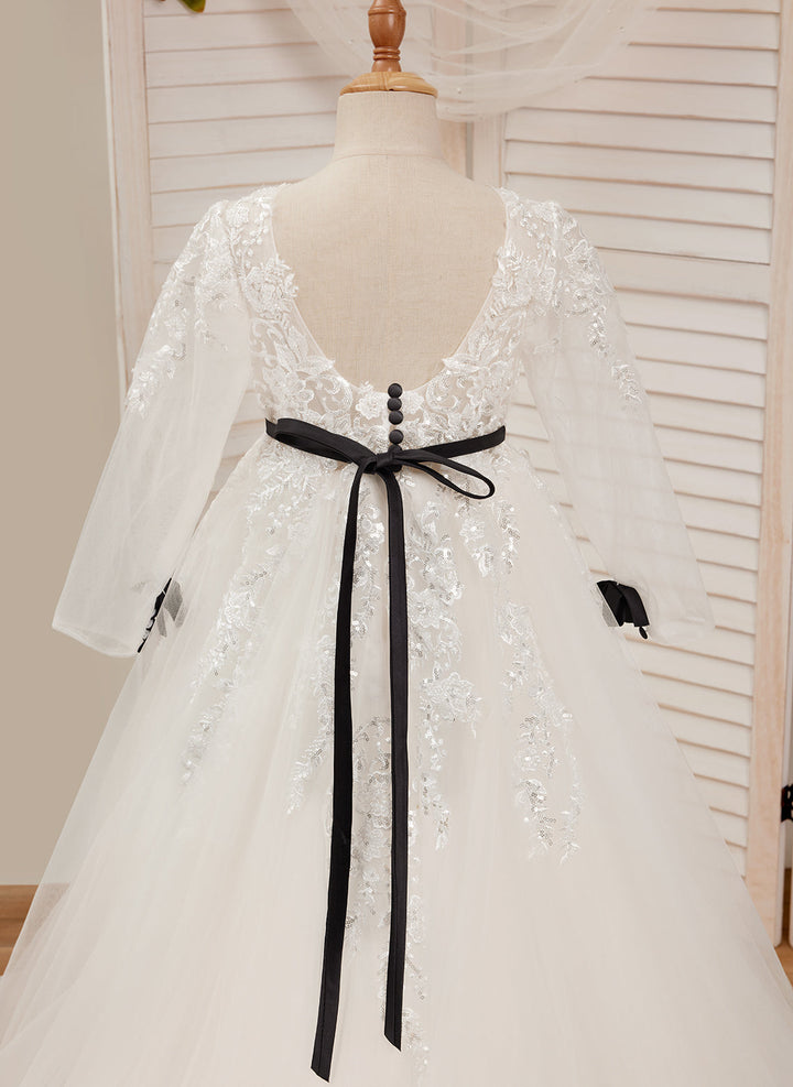 Robe de Demoiselle D'Honneur de Première Communion en Tulle Ivoire Coupe A avec Traîne