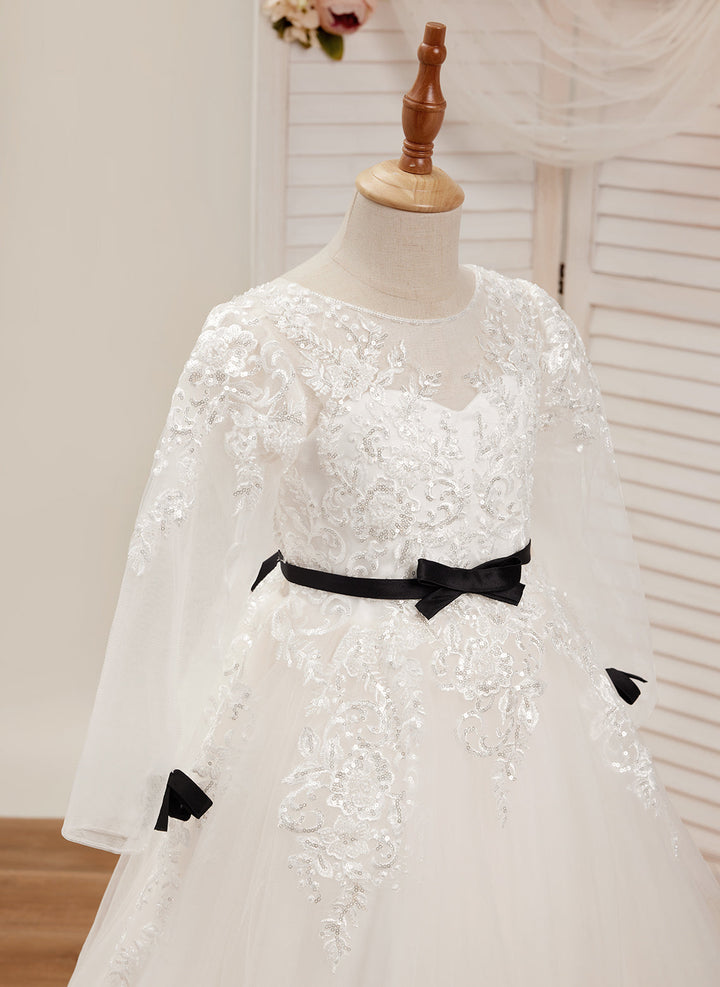 Robe de Demoiselle D'Honneur de Première Communion en Tulle Ivoire Coupe A avec Traîne