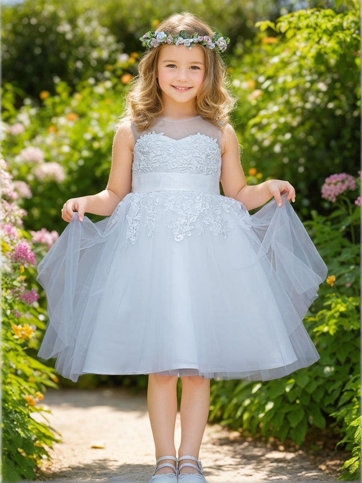Robe de Demoiselle D'Honneur de Première Communion en Tulle et Dentelle Jusqu'Aux Genoux