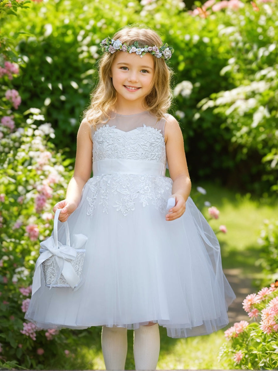 Robe de Demoiselle D'Honneur de Première Communion en Tulle et Dentelle Jusqu'Aux Genoux