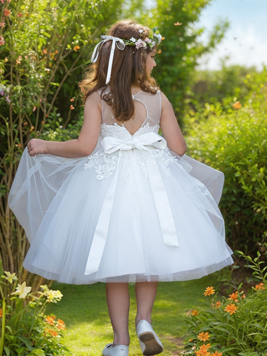 Robe de Demoiselle D'Honneur de Première Communion en Tulle et Dentelle Jusqu'Aux Genoux
