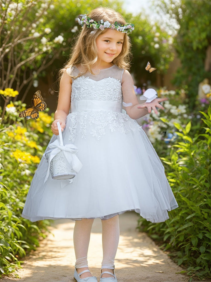 Robe de Demoiselle D'Honneur de Première Communion en Tulle et Dentelle Jusqu'Aux Genoux