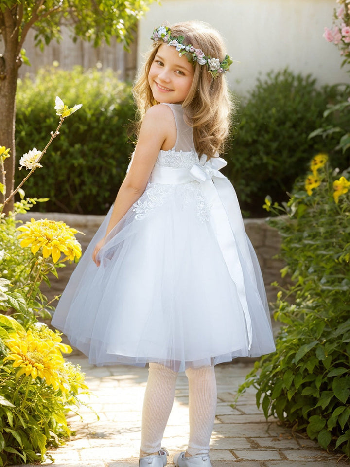 Robe de Demoiselle D'Honneur de Première Communion en Tulle et Dentelle Jusqu'Aux Genoux