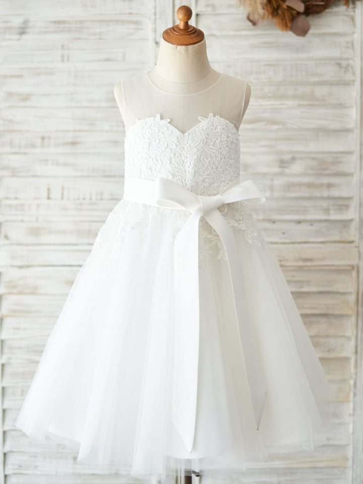 Robe de Demoiselle D'Honneur de Première Communion en Tulle et Dentelle Jusqu'Aux Genoux