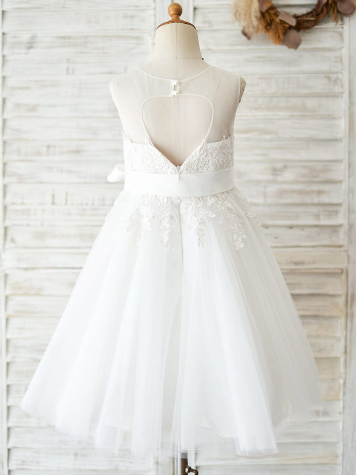 Robe de Demoiselle D'Honneur de Première Communion en Tulle et Dentelle Jusqu'Aux Genoux