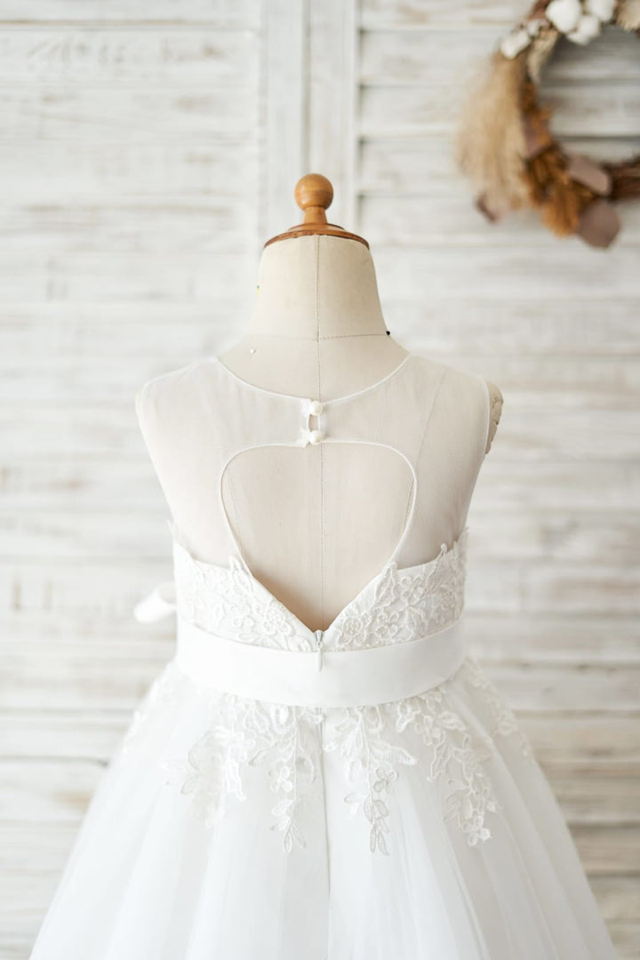 Robe de Demoiselle D'Honneur de Première Communion en Tulle et Dentelle Jusqu'Aux Genoux