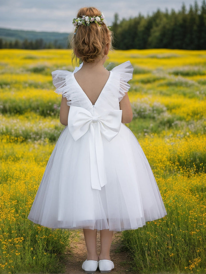 Robe de Demoiselle D'Honneur en Tulle Satiné Coupe A Jusqu'Aux Genoux