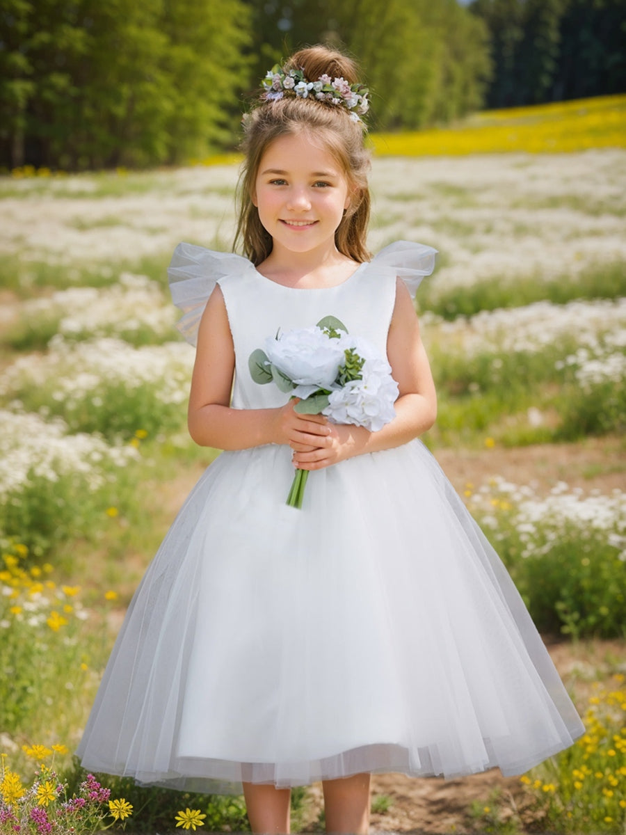 Robe de Demoiselle D'Honneur en Tulle Satiné Coupe A Jusqu'Aux Genoux