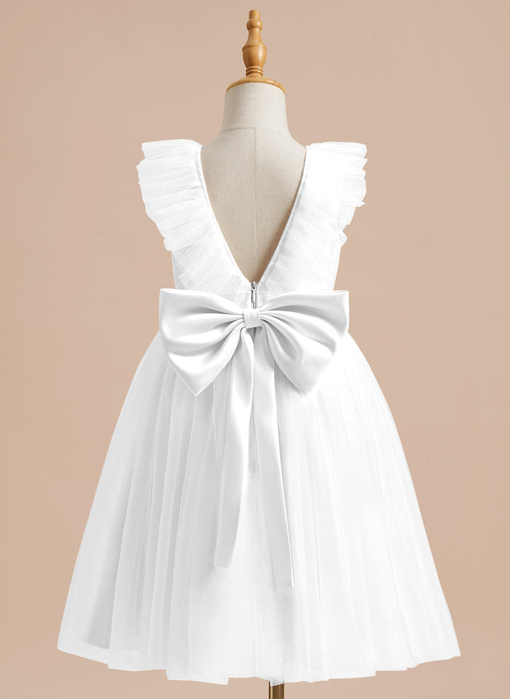 Robe de Demoiselle D'Honneur en Tulle Satiné Coupe A Jusqu'Aux Genoux