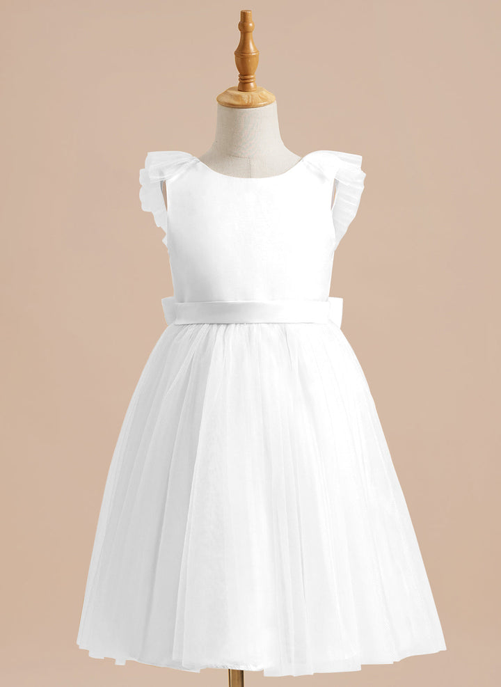 Robe de Demoiselle D'Honneur en Tulle Satiné Coupe A Jusqu'Aux Genoux