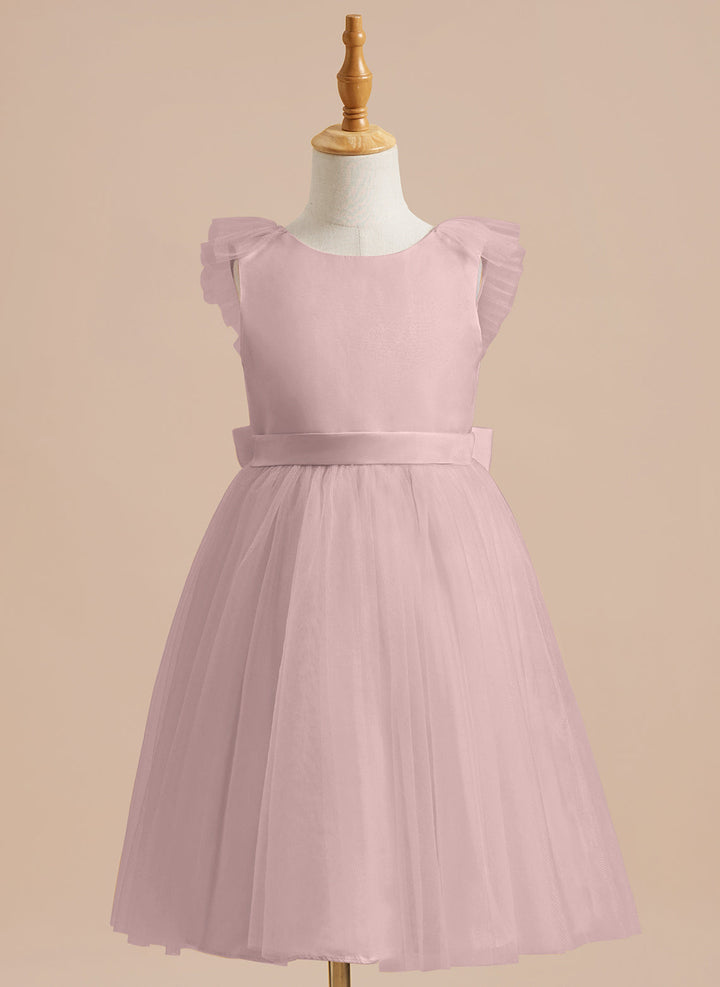 Robe de Demoiselle D'Honneur en Tulle Satiné Coupe A Jusqu'Aux Genoux