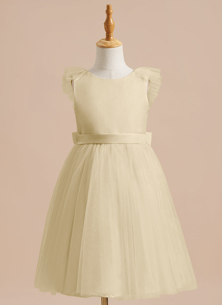 Robe de Demoiselle D'Honneur en Tulle Satiné Coupe A Jusqu'Aux Genoux