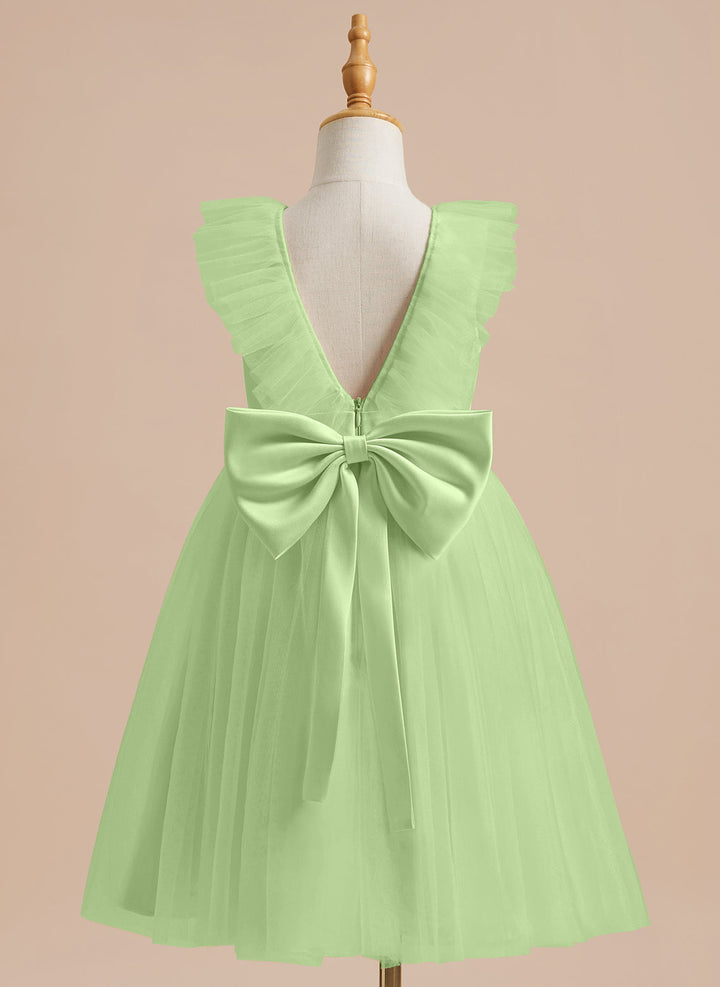 Robe de Demoiselle D'Honneur en Tulle Satiné Coupe A Jusqu'Aux Genoux