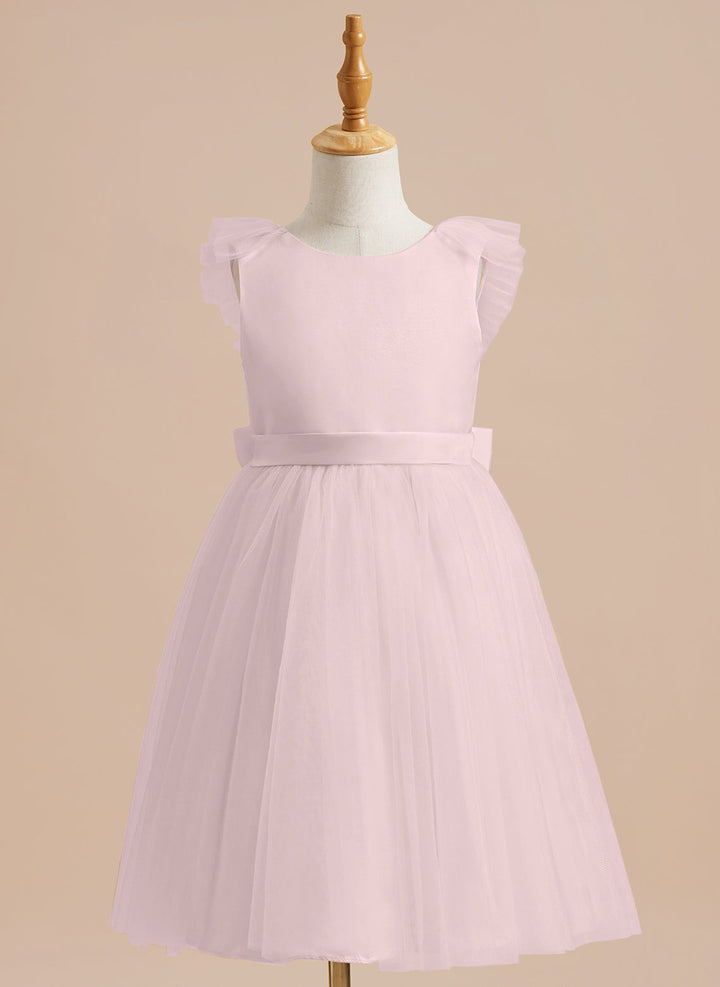 Robe de Demoiselle D'Honneur en Tulle Satiné Coupe A Jusqu'Aux Genoux