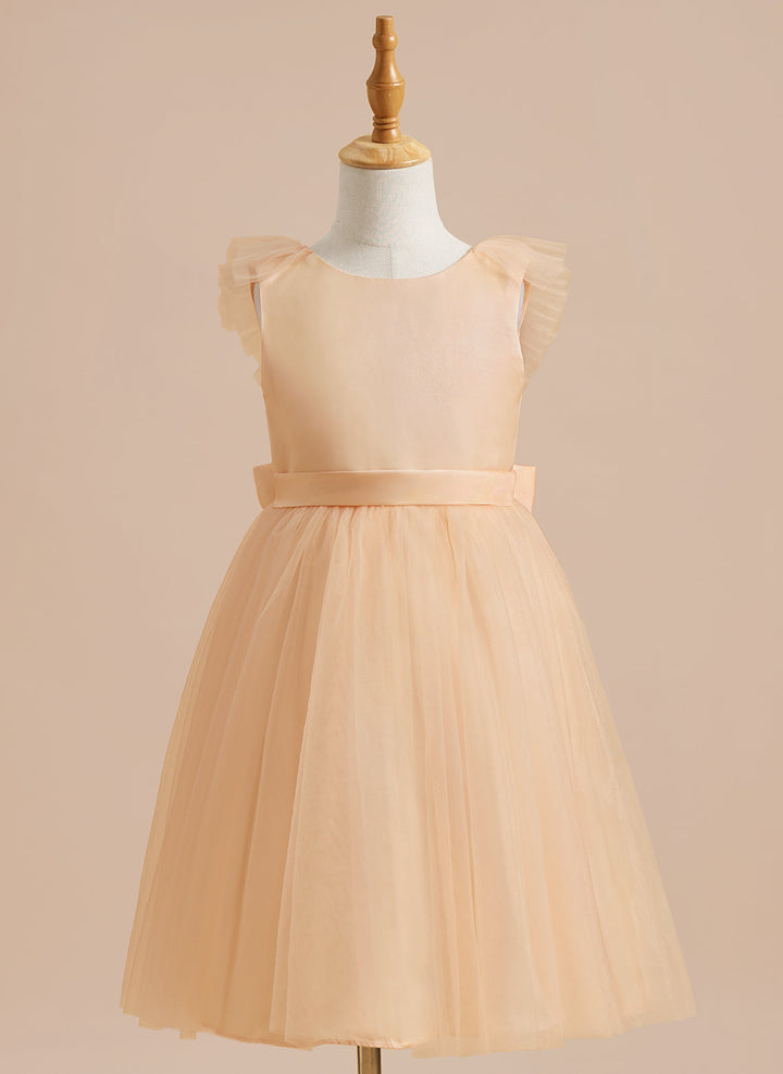 Robe de Demoiselle D'Honneur en Tulle Satiné Coupe A Jusqu'Aux Genoux