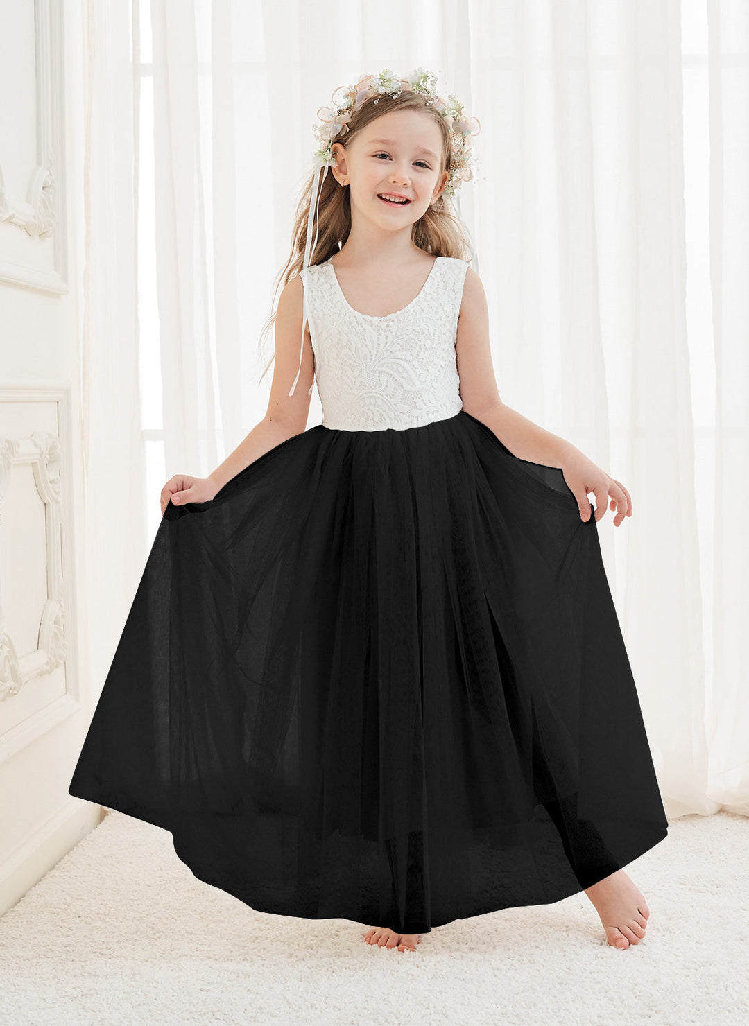 Robe Blanche Trapèze en Tulle et Dentelle Jusqu'À la Cheville