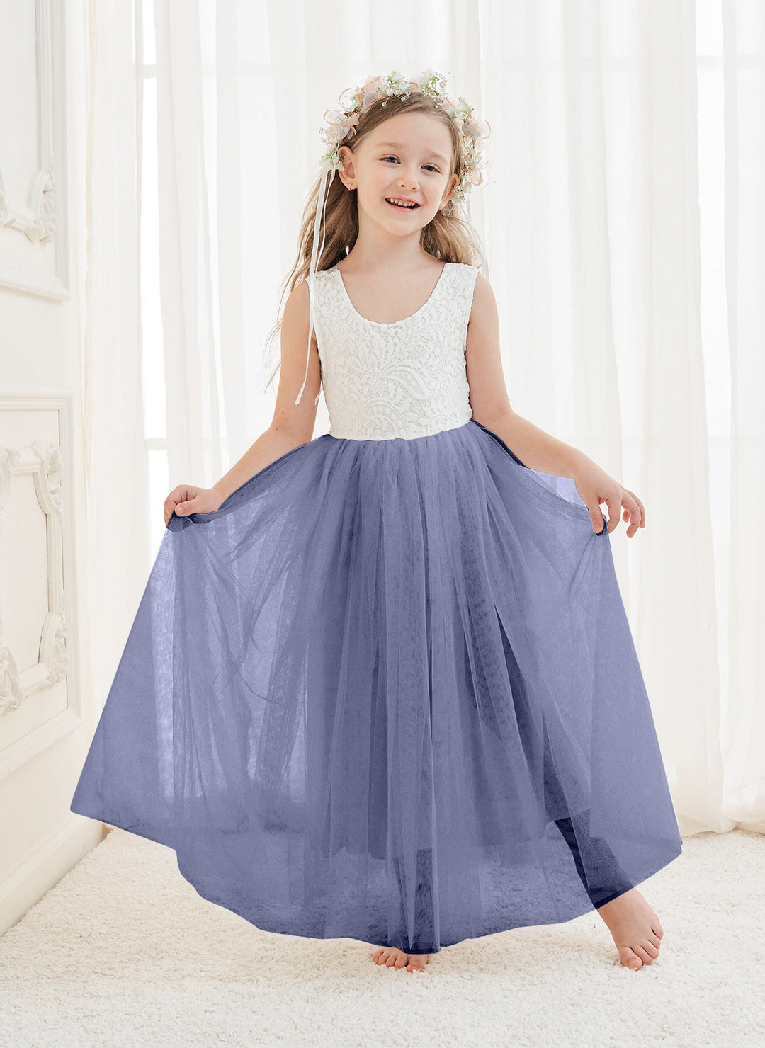 Robe Blanche Trapèze en Tulle et Dentelle Jusqu'À la Cheville